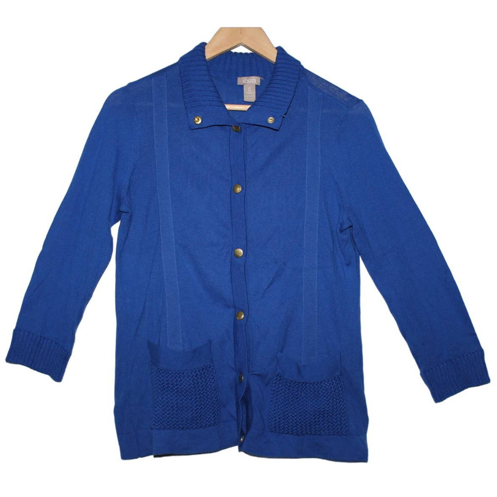 Women's Chico's Blue Cotton Button Down 3/4 Sleeve Cardigan Sweater Top Size 0